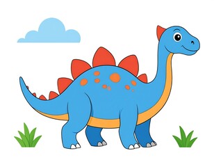 Naklejka premium A cartoon dinosaur with blue body, red plates, and a long neck, standing near a cloud and grass