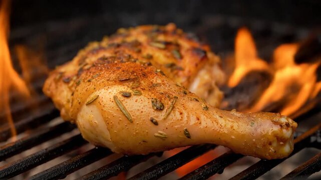 Delicious seasoned chicken leg quarter cooking on a hot barbecue grill with flames licking the meat, perfect for a summer cookout or backyard barbecue