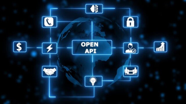 Open API network interface with digital connections neon digital solution concept with connected technology icons..