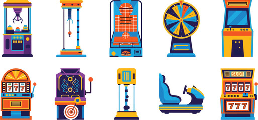 Arcade Game Machine Vector Set Featuring Classic Slot Machines, Claw Crane, Basketball Hoop, Racing Simulator, and Retro Gaming Consoles © sojibislam