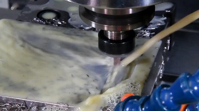 Milling with coolant. Using cutting fluid for metal milling. Material cooling systems.