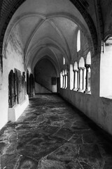 Fototapeta premium Historic cloister corridor with vaulted arches and frescoes in black and white