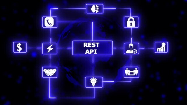 Rest API network interface with digital connections neon digital solution concept with connected technology icons..