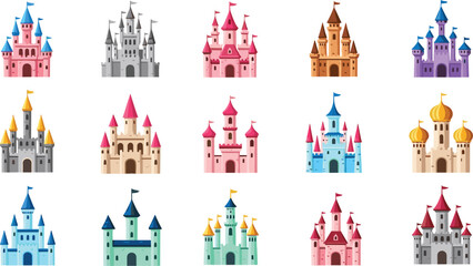 Colorful Fairy Tale Castle Vector Set Featuring Magic Medieval Fortresses with Towers and Turrets for Fantasy Kingdom Design © sojibislam