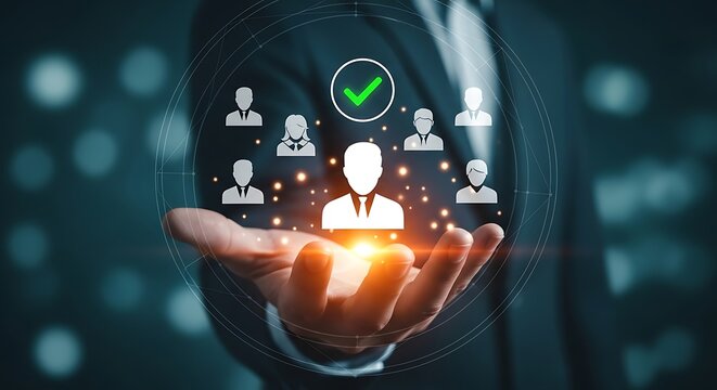 Hand holding circle of employee icons with checkmark for successful hiring and talent management