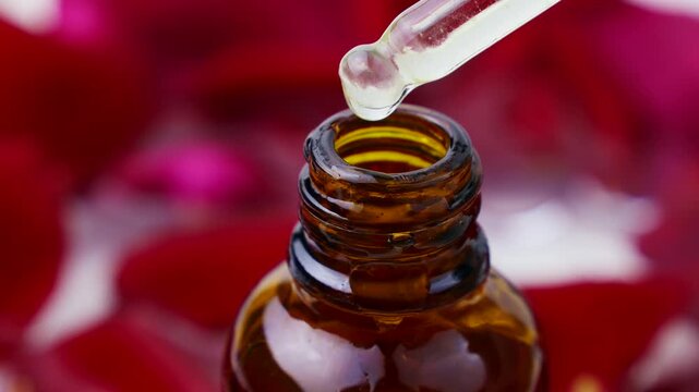 Cosmetic gel serum drops from the droplet with the bottle on red rose petals background