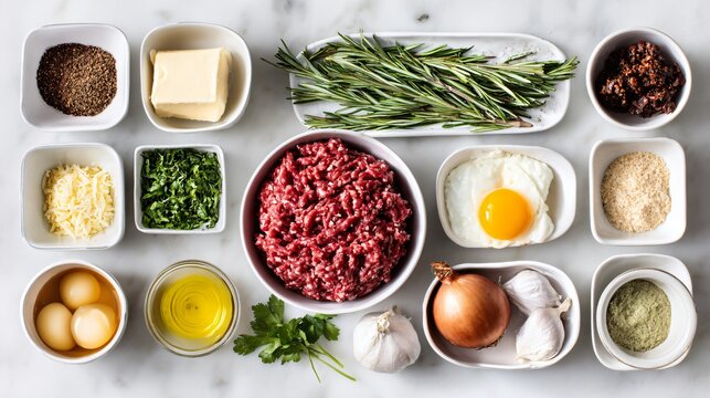 Organized mise en place of ingredients for meatloaf with raw ground beef centered on white countertop, clean bright styling, overhead flat lay
