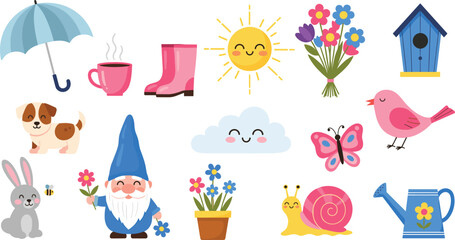 Cute Spring Garden Vector Set Featuring Garden Gnome, Birdhouse, Watering Can, Pink Boots, Flowers, and Happy Animals in Flat Cartoon Style © sojibislam