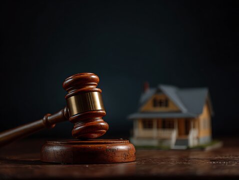 Wooden gavel with a house model, symbolizing property foreclosure, real estate litigation, debt recovery, and the legal auction of seized residential assets.