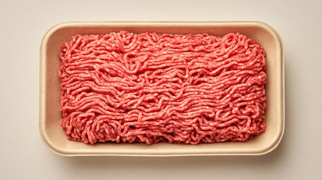 Raw ground beef packaged in eco-friendly biodegradable tray on light neutral background, sustainability theme