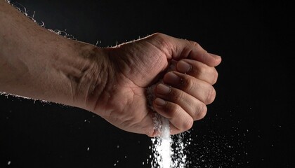 Hand Pouring White Salt Against a Dark Background