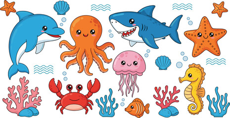 Cute Underwater Sea Creatures Vector Set Featuring Kawaii Style Shark, Dolphin, Octopus, Seahorse, Jellyfish, and Crab with Colorful Coral Reef Elements © sojibislam