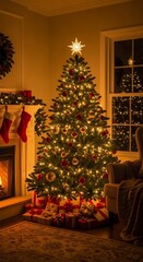 Christmas Tree Glow - Warm Holiday Ambiance in Cozy Living Room.