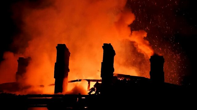 The house is on fire, the nighttime flames of disaster. Natural wild flames burn houses.