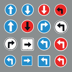 Set of traffic road signs for directions and prohibitions on a gray background