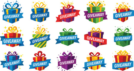 Giveaway Gift Box Vector Set Featuring Colorful Wrapped Presents with Ribbons and Giveaway Banners for Social Media Contests and Promotions © sojibislam