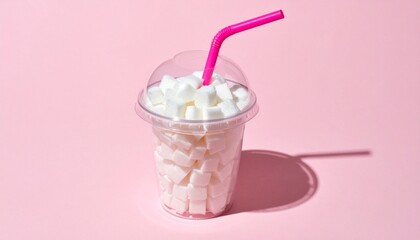 Excessive Sugar Cubes in Plastic Cup with Pink Straw on Bright Pink Background