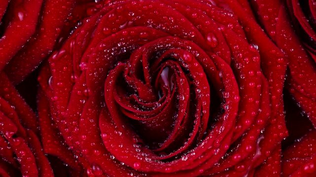 Red rose flowers with water dew drops circle rotation close up top view