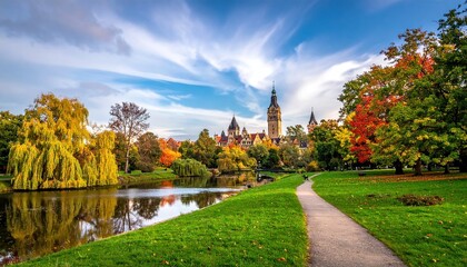 Idyllic autumn scene featuring a majestic castle on a vibrant day, mirrored on calm water