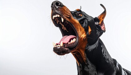 Fierce Doberman Pinscher Barking Aggressively on White Background
