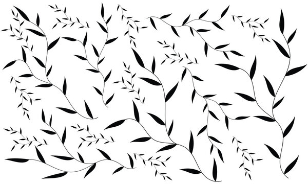 Minimal black leaf seamless pattern background, Elegant botanical foliage vector repeat design, Modern monochrome branch leaves pattern art