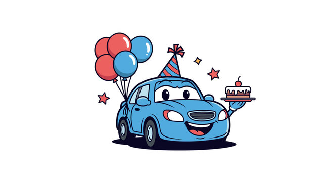 A cartoon blue car celebrating a birthday with balloons and a cake.