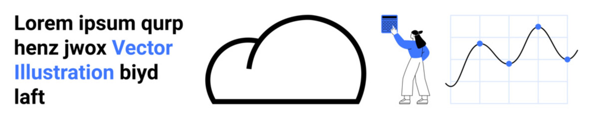 Fototapeta premium Cloud computing, data analysis, digital technology, business analytics, education, information sharing. Includes a cloud symbol, person viewing data and graph. Cloud computing and data analysis