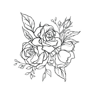 Detailed botanical rose bouquet drawn in fine black line style with visible petal structure and layered foliage. The balanced floral arrangement, ideal for stationery, invitations, branding materials