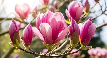 Obraz premium Pink Magnolia Flowers Blooming on Tree Branches.