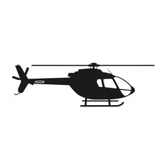 Silhouette of a helicopter in flight, isolated on a white background, side view.