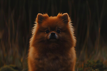 Obraz premium Cute pomeranian dog poses in the dim evening light surrounded by nature and soft shadows