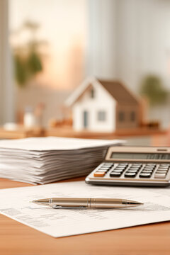 A pen lies on paperwork with a calculator and a small house model in the background, symbolizing real estate or financial planning.