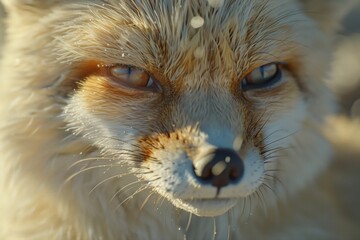 Fototapeta premium Close encounter with a curious arctic fox on a chilly day in a snowy landscape