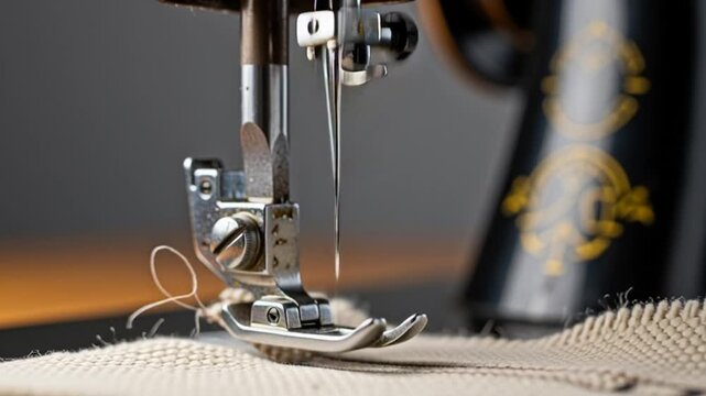 Close-up of a sewing machine needle in action stitching fabric.