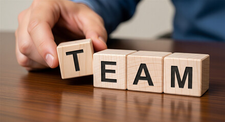 Naklejka premium Team building concept with wooden blocks, businessman hand arranging letters on office desk, corporate leadership and collaboration