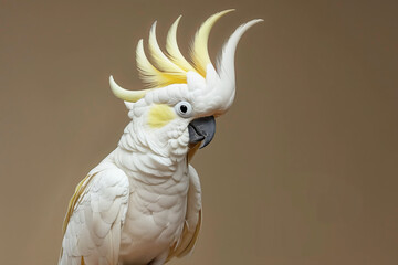 Showcase of a stunning umbrella cockatoo with striking crest on display against a soft beige background