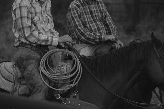Authentic Texas cowboys on horseback during a workday on a rural cattle ranch. This black and white documentary-style photograph features close-up details of Western riding gear, including leather cha