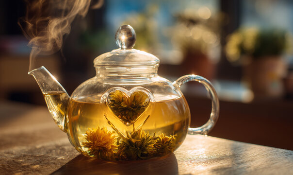 Borosilicate clear glass teapot blooming flower tea ritual for holistic wellness spa and International Tea Day promotion
