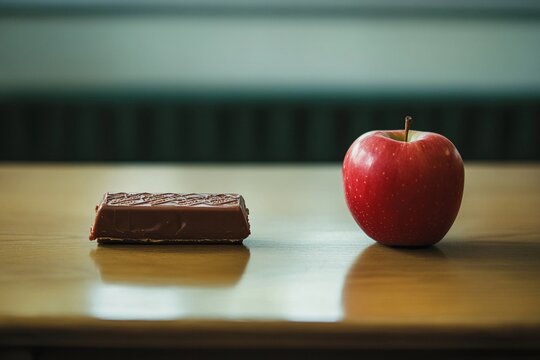 Comparison of a chocolate bar and an apple on scales
