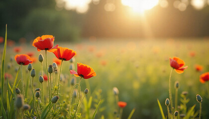 Obraz premium Red Poppy Flowers in Meadow at Sunset – Wild Spring Bloom in Golden Light