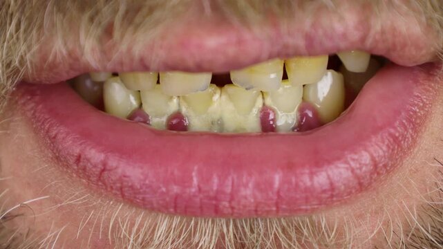 Rotten teeth, caries and plaque close-up. The concept of poor hygiene and health problems