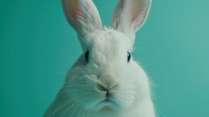 Obraz premium Cute white rabbit posing against a vibrant turquoise background, creating a playful and delightful scene full of charm