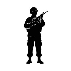 Silhouette of a soldier holding a rifle, ready for action, military concept