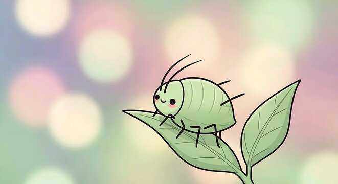 Small green aphid insect resting on fresh leaf with soft colorful nature background illustration. Garden insect concept
