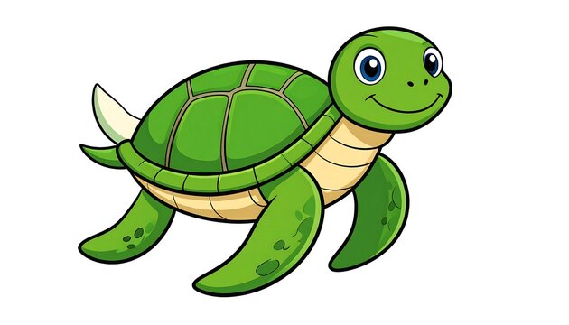 A cartoon sea turtle swims gracefully. It's green with a segmented shell, flippers, and a smiling expression