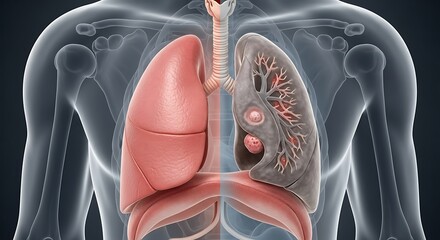 Human Lungs Anatomy Illustration with Cancerous Tumors.