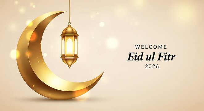 Elegant golden crescent moon and lantern greeting for Eid al Fitr
