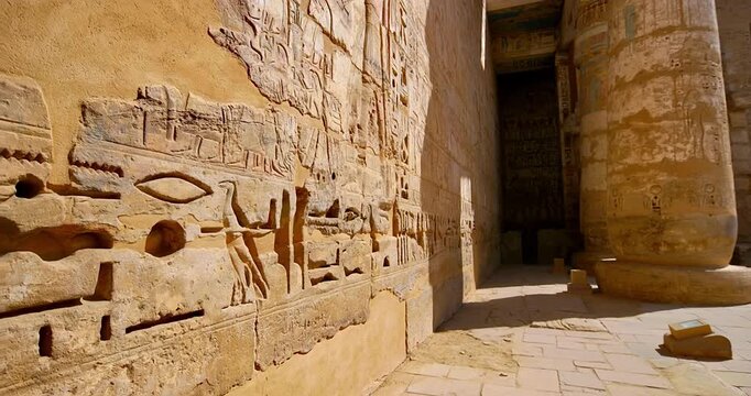 Medinet Habu temple colonnade with hieroglyphic inscriptions and relief carvings in Luxor Egypt, massive sandstone columns with papyrus capitals under dramatic blue sky.