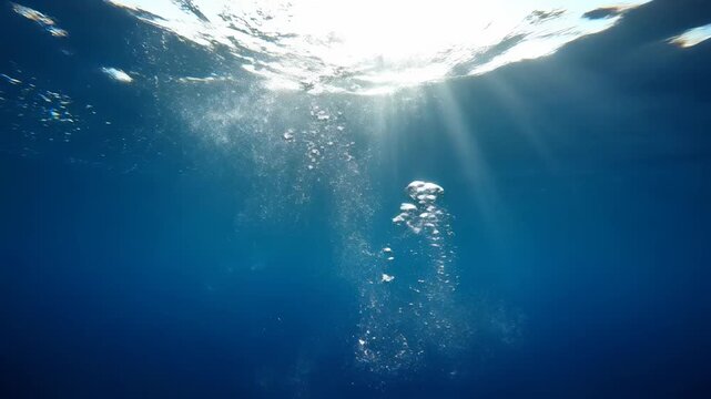 Underwater bubbles rise from deep blue ocean. Sunbeams penetrate the clear water surface. Serene underwater view.