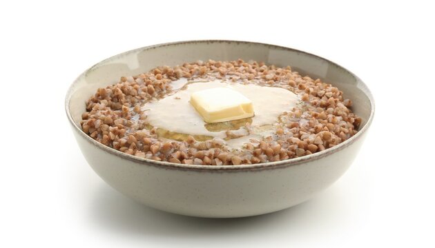 Creamy Oatmeal Bowl with Butter and Milk Drizzled on Top